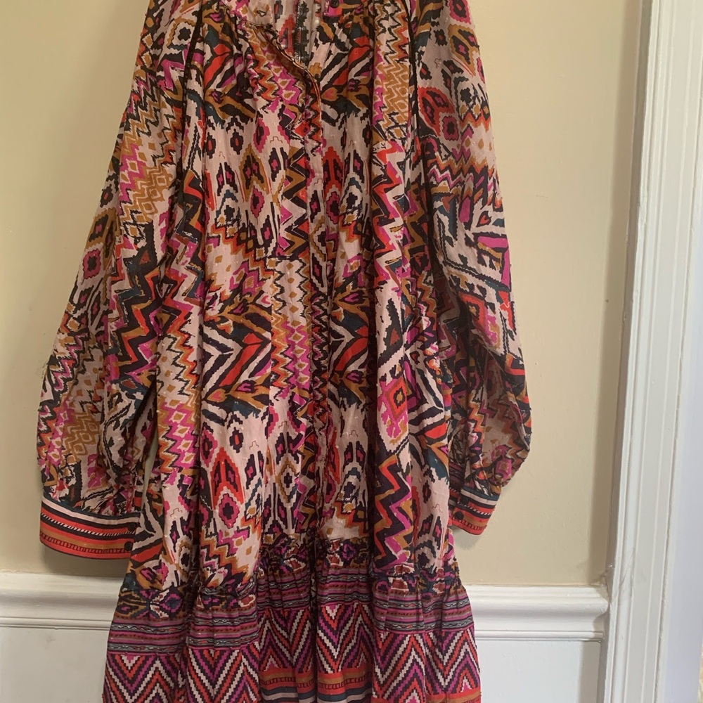 ZARA Boho Tunic Dress L Ikat Tribal Print Long Sleeve Button Cuff